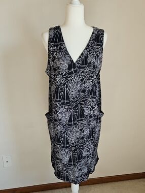 J Jill LG Sleeveless Navy Midi Dress Pockets Nautical Coastal Sailing Vacation